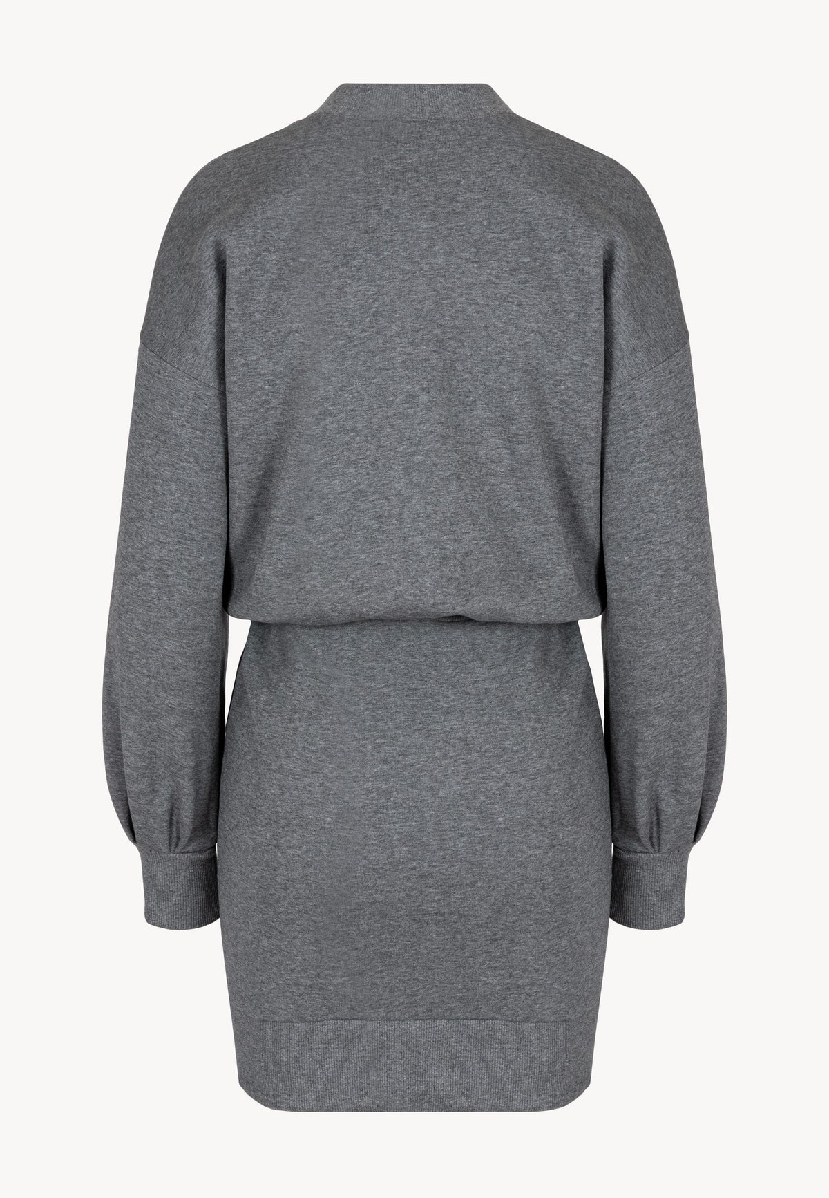 Back view of the gray CAGLIARI knit dress featuring a relaxed top and fitted bottom.