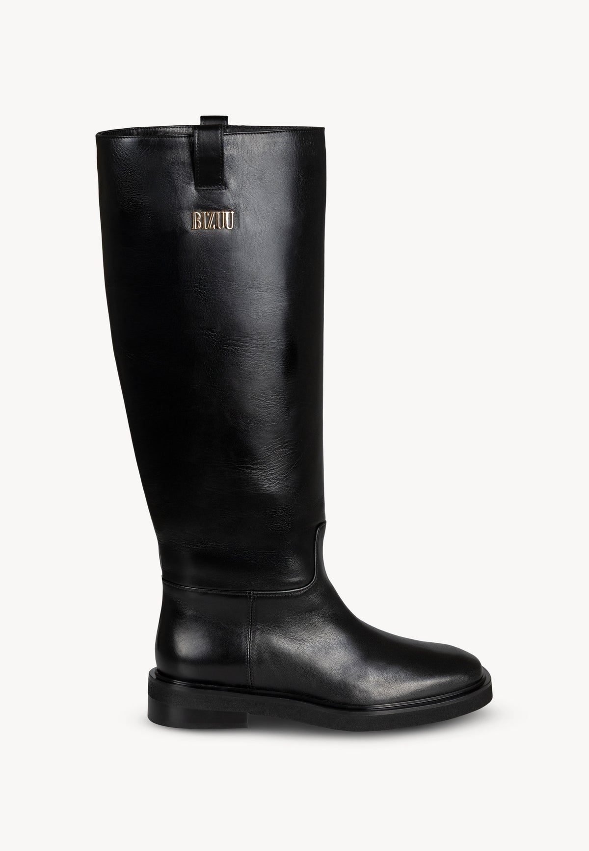 CALYX leather boots with gold logo shown from the side.