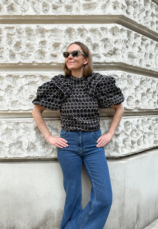 Black cotton blouse with contrasting embroidery CASSANDRA