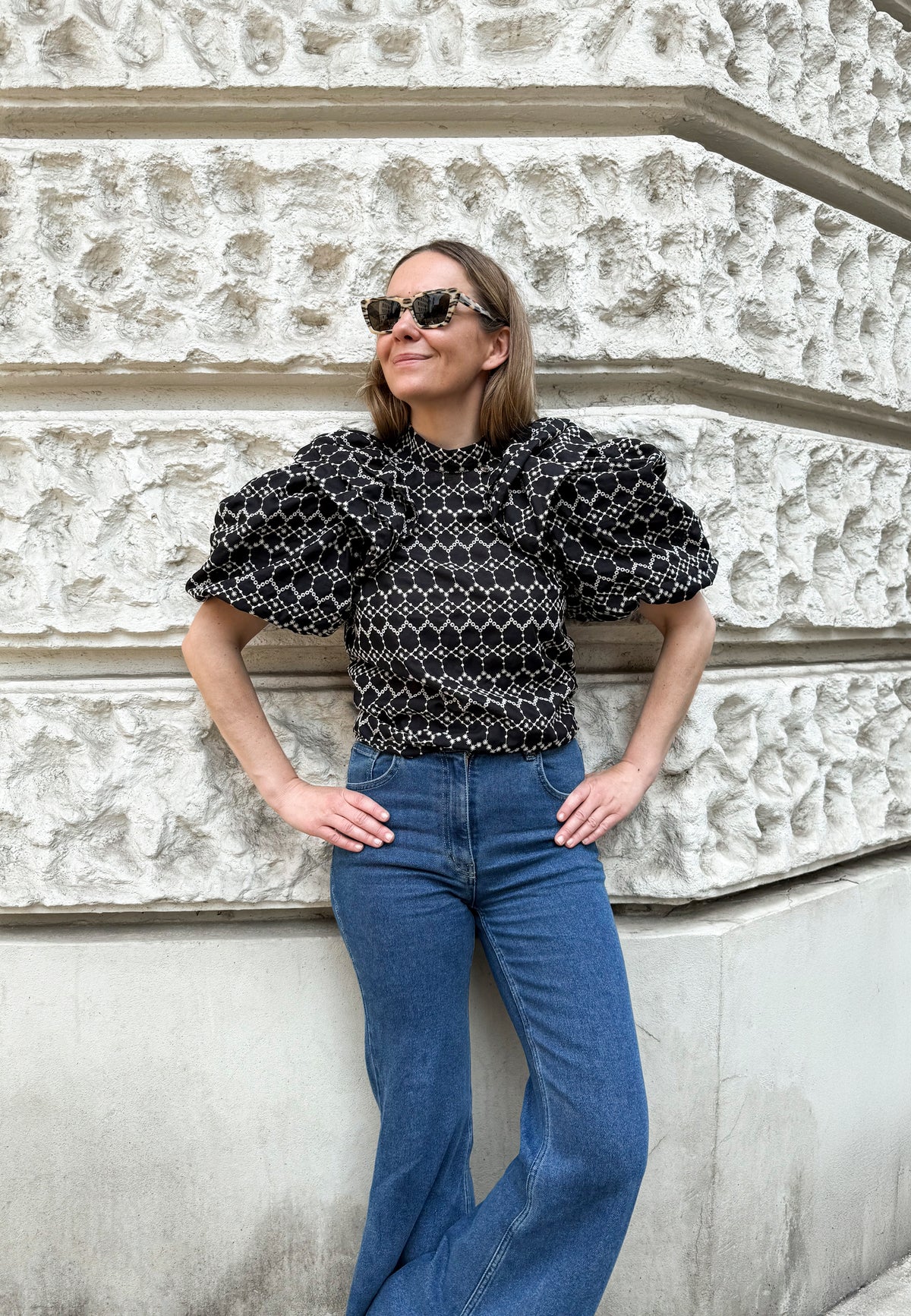 Black cotton blouse with contrasting embroidery CASSANDRA