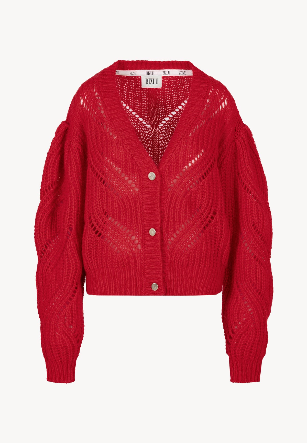 Red openwork CLARA button-up cardigan.