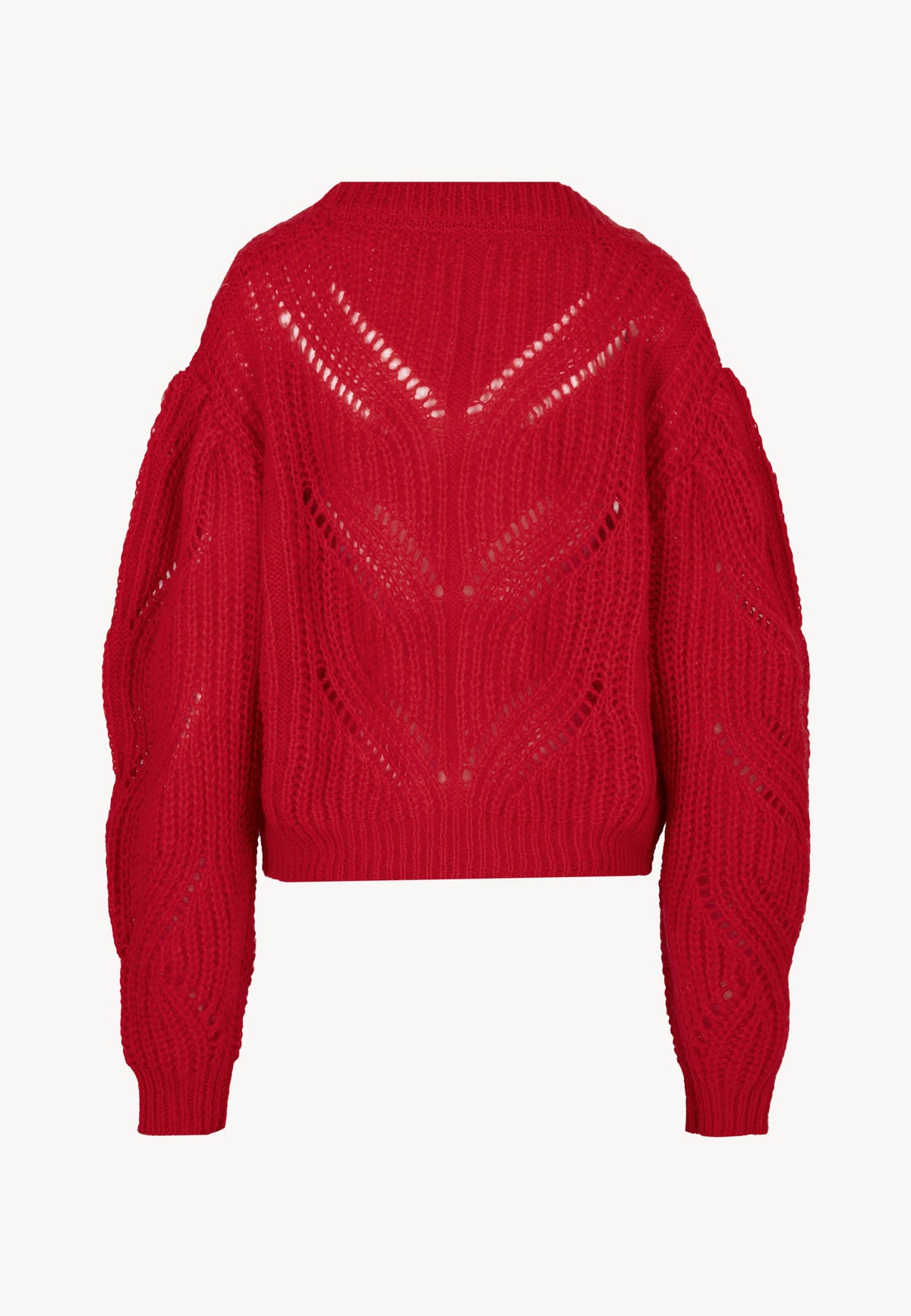 Back view of the red openwork CLARA cardigan.