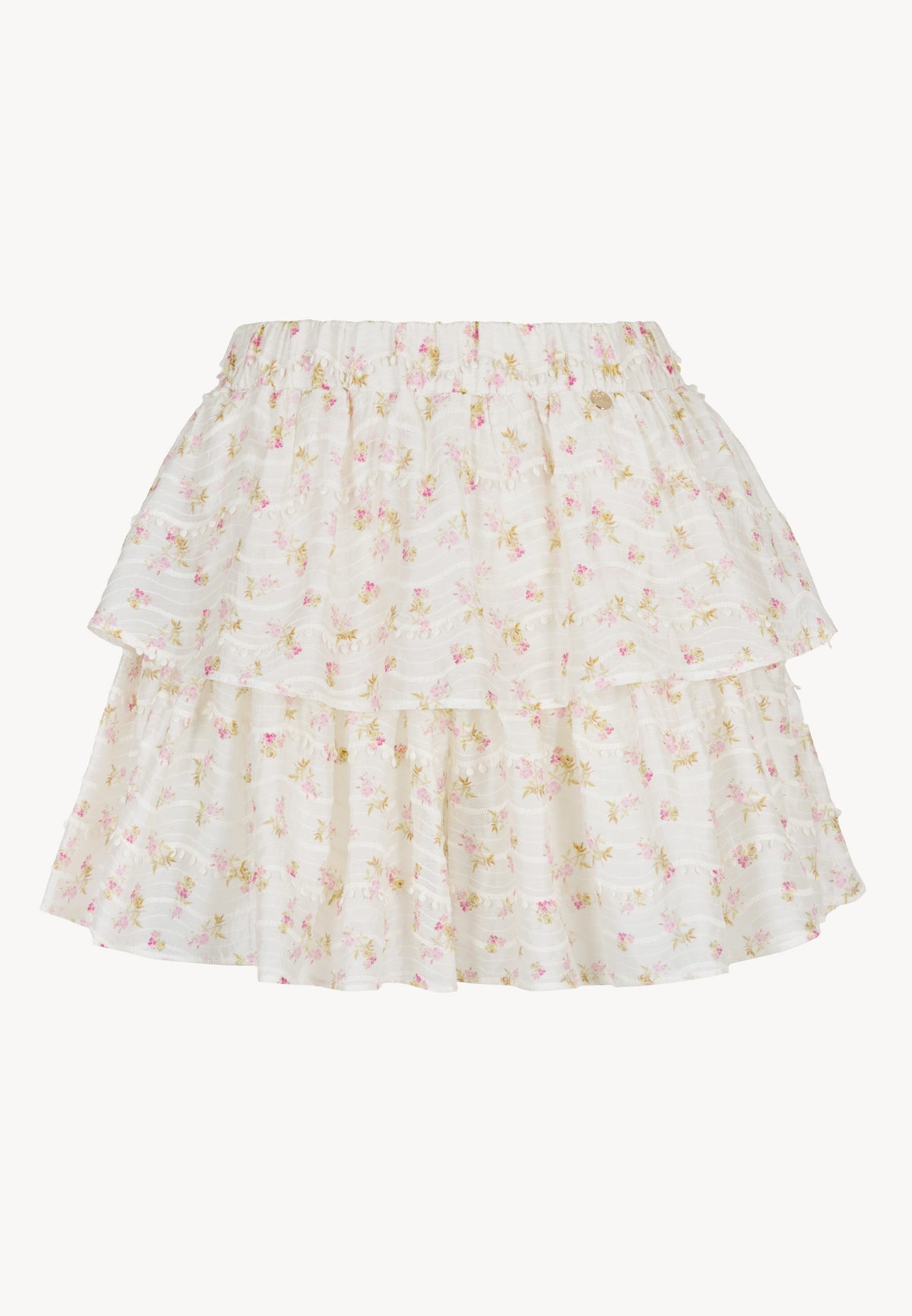 The front of the mini skirt and pants in small flowers with two COKO ruffles.