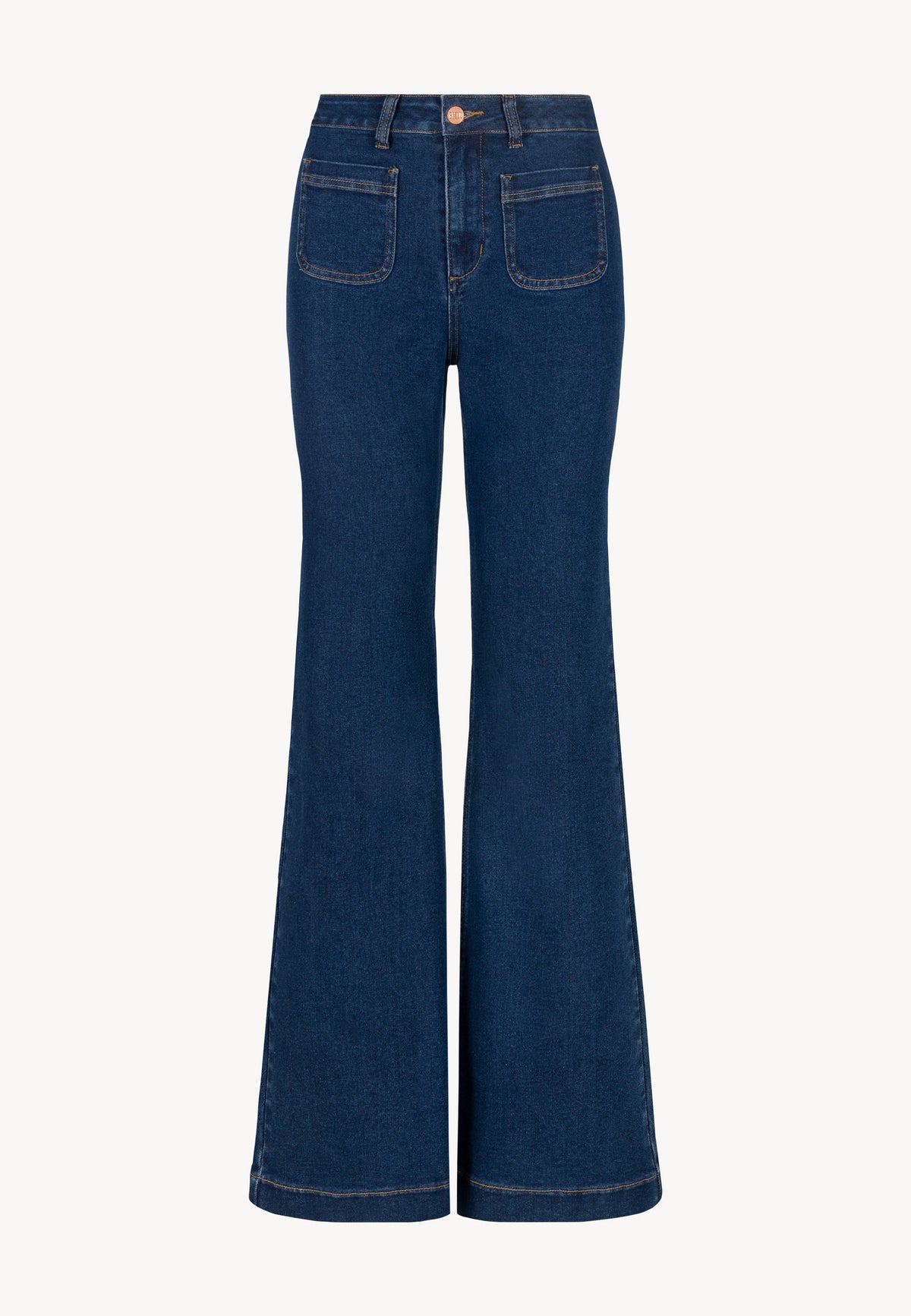 Front of navy blue DELPHI jeans with decorative pockets.