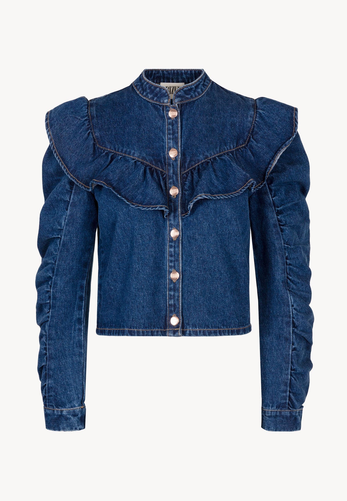 Front view of the DILETTA denim shirt with decorative ruffles and puff sleeves.