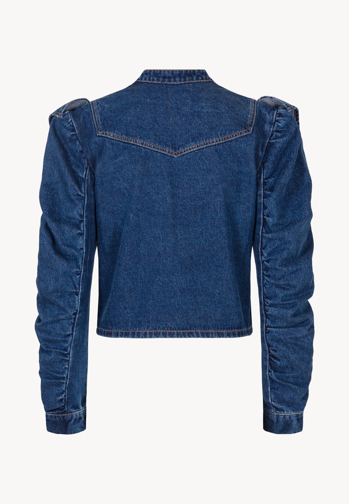 Back view of the navy DILETTA denim shirt with puff sleeves.