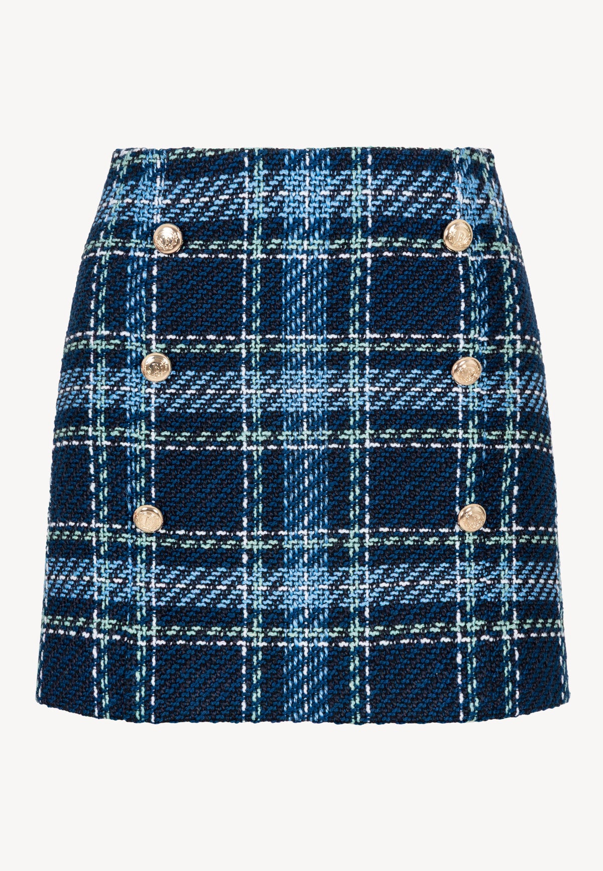 Front view of the DISSA navy check mini skirt with decorative branded buttons.