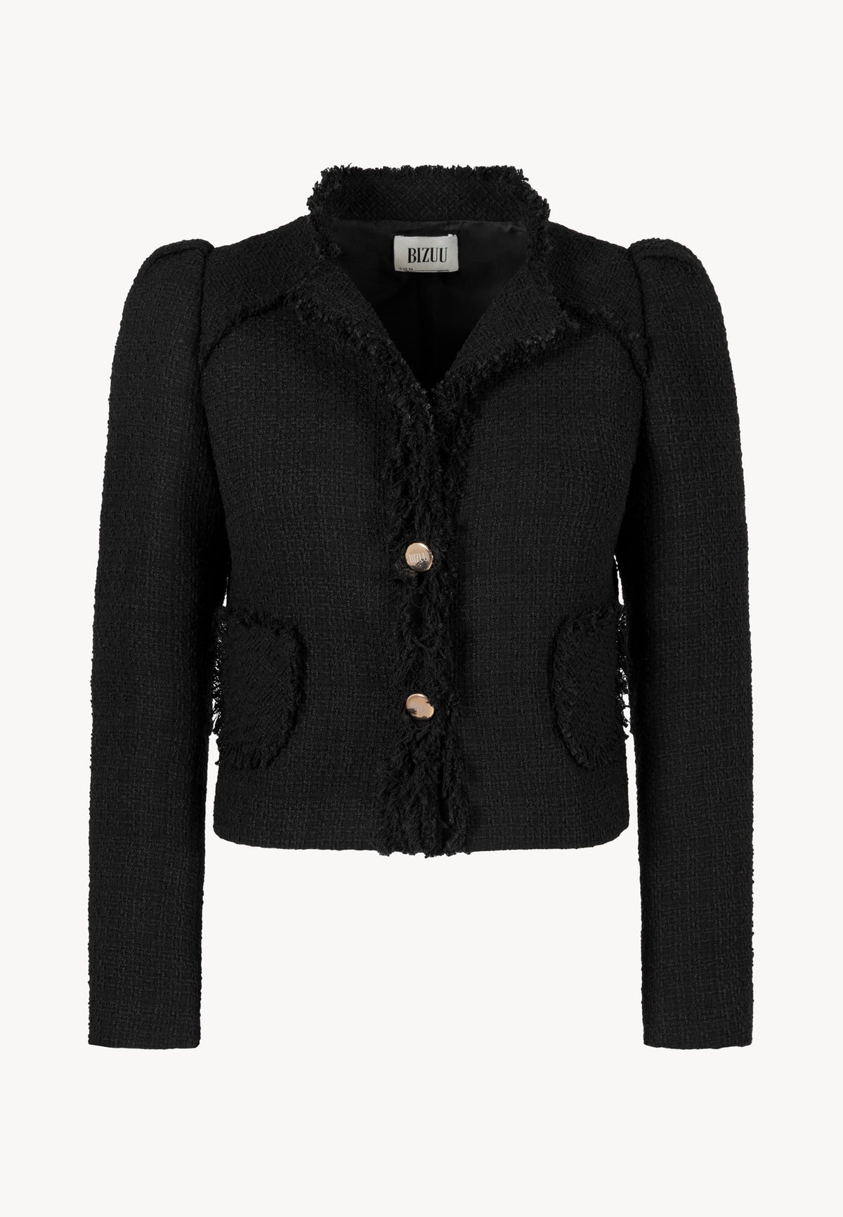 Front view of the cropped black DITAS blazer with gold buttons.