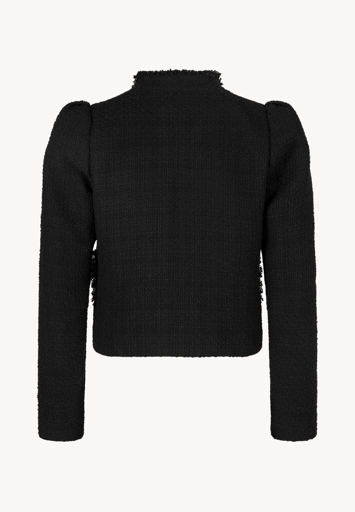 Back view of the black DITAS blazer with stand-up collar and puff sleeves.