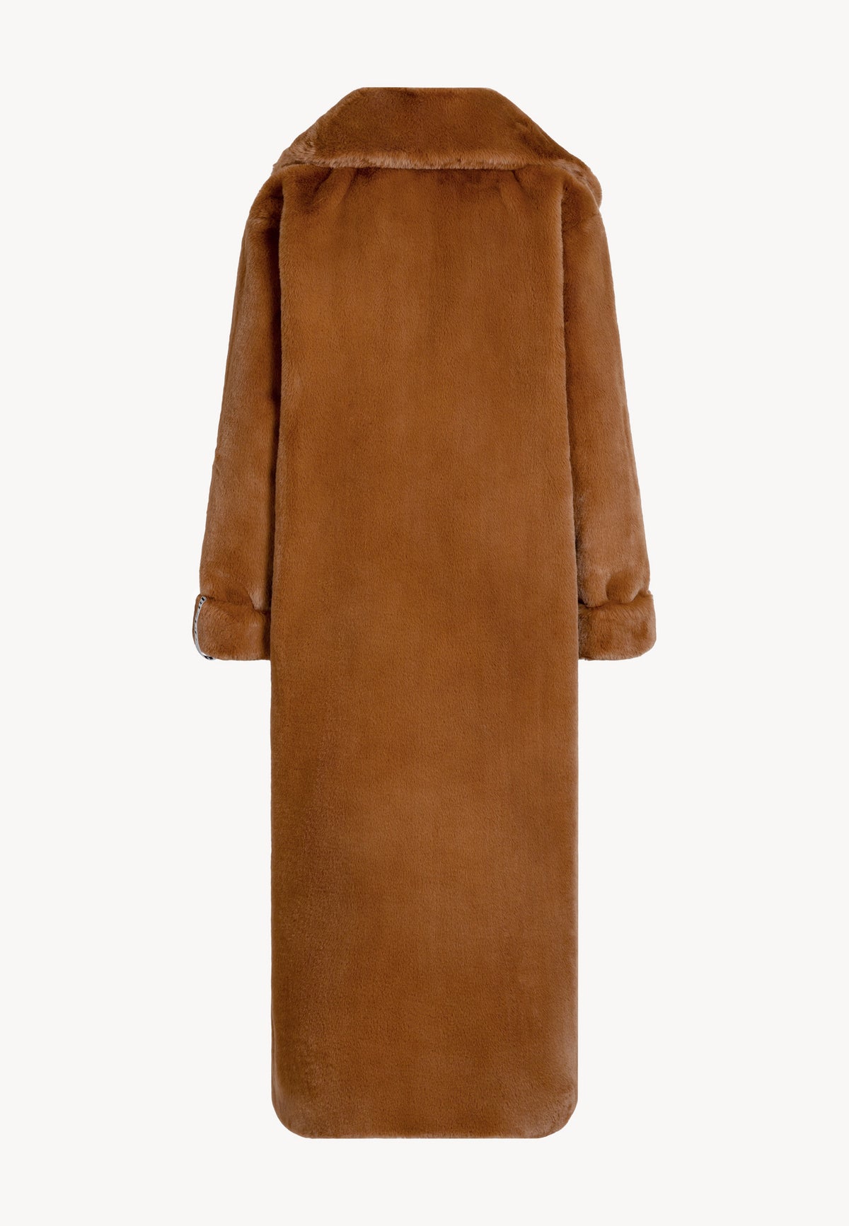 Back view of the oversized DOLOMITES faux fur coat in orange.