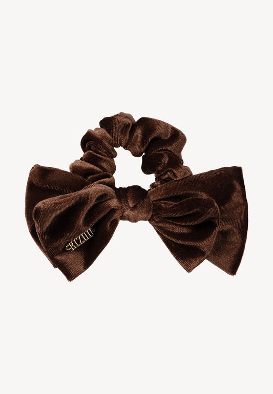 Brown ELVI scrunchie with a bow and logo