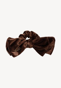 Brown ELVI scrunchie with a bow and logo