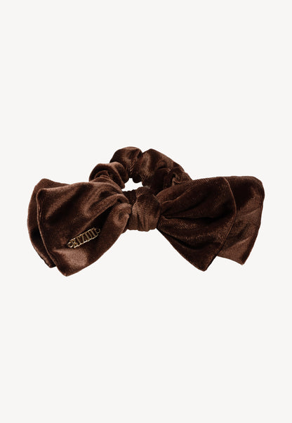 Brown ELVI scrunchie with a bow and logo