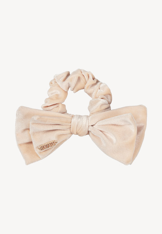 Cream ELVI scrunchie with a bow and logo