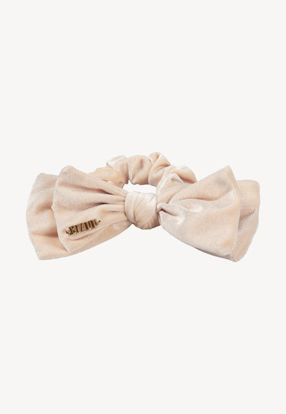 Cream ELVI scrunchie with a bow and logo