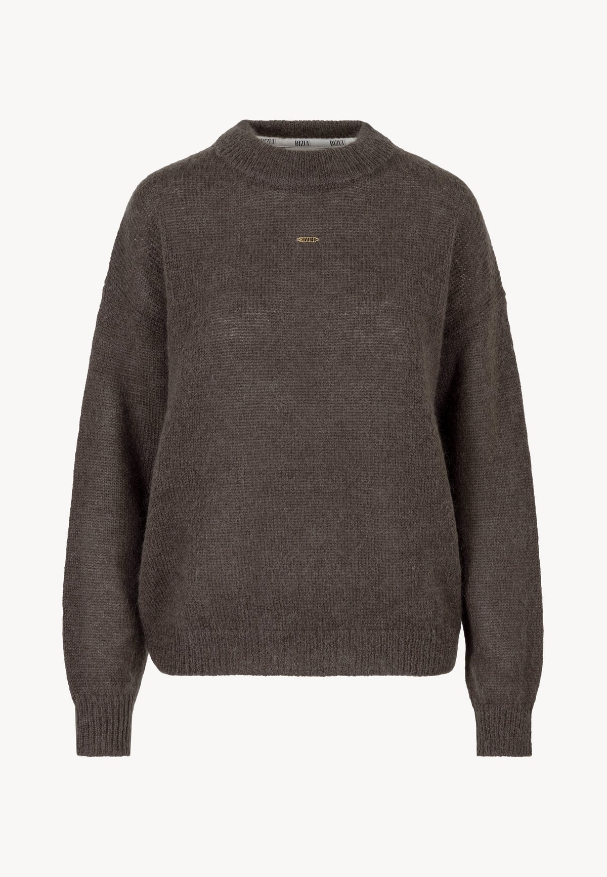 Front view of the wool FAROA sweater with gold logo on the front.