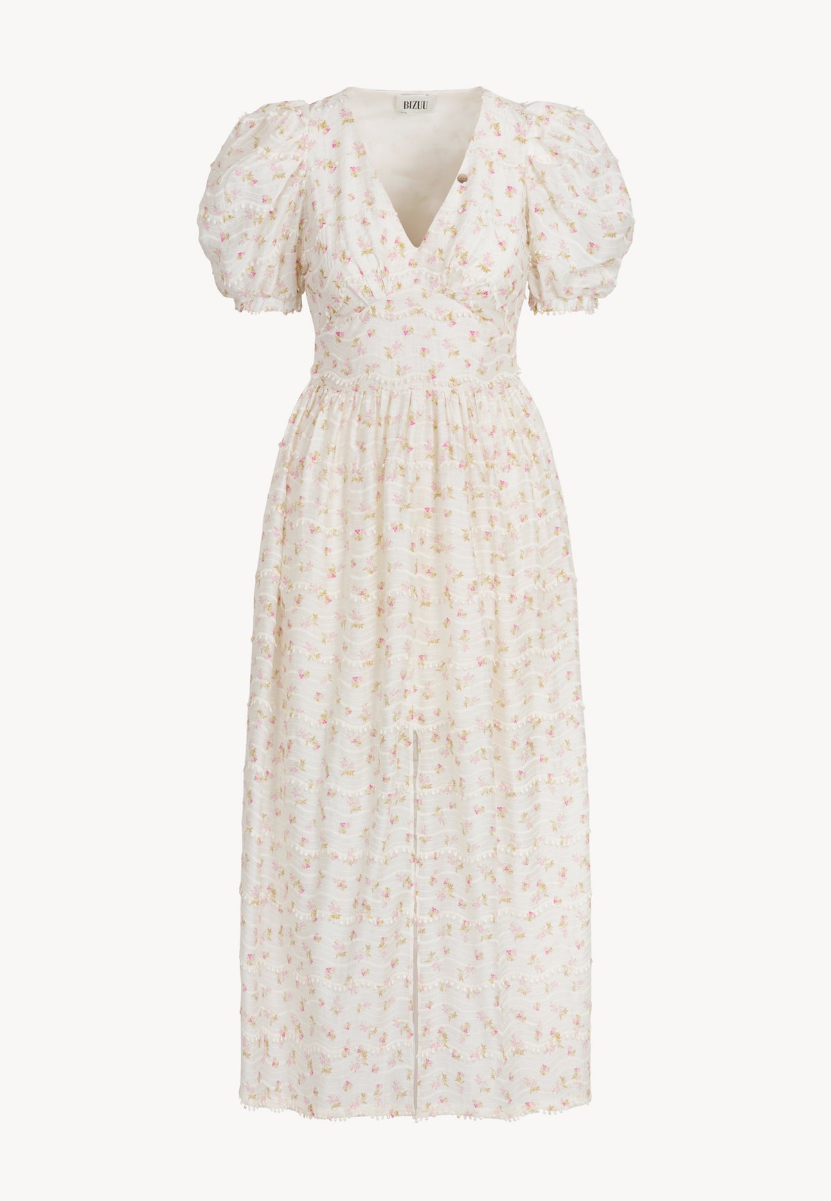 Front of dress in small flowers with FIFFI buffet sleeves.