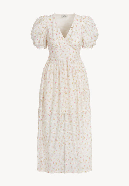 Cream maxi dress in the author's FIFFI print