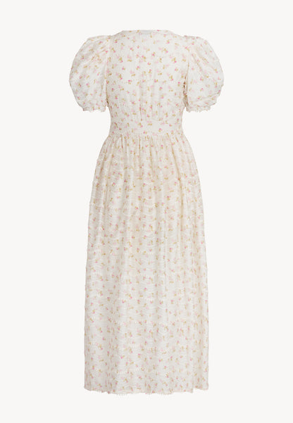 Cream maxi dress in the author's FIFFI print
