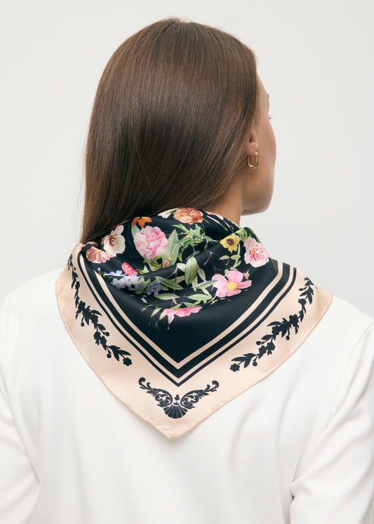 Black silk FIORIA scarf in a floral print.