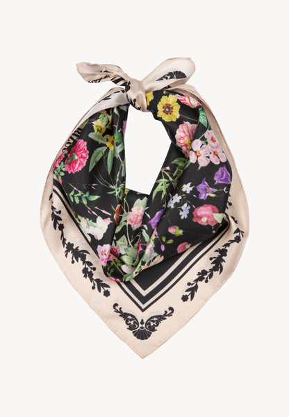 Black silk FIORIA scarf in a floral print.