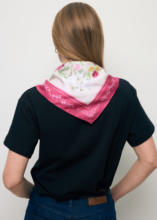 Pink silk FIORIA scarf in a floral print.