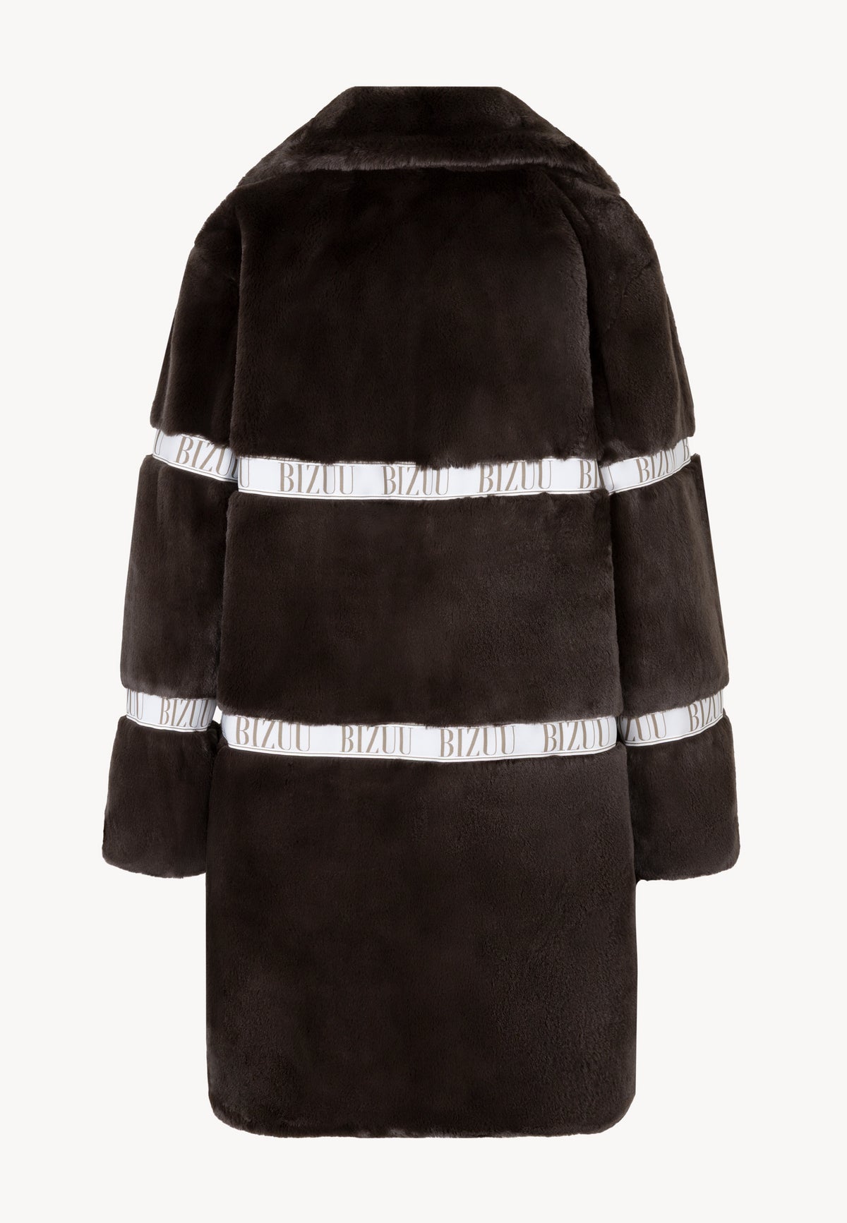 Back view of the FLORENCE coat with branded stripes.