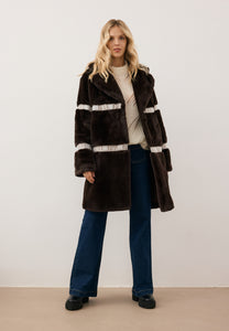 Brown FLORENCE women’s faux fur coat with branded side stripes