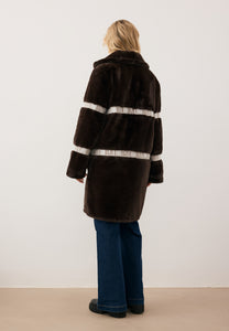 Brown FLORENCE women’s faux fur coat with branded side stripes