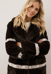 Brown FLORENCE women’s faux fur coat with branded side stripes