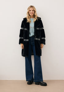 Black FLORENCE women’s faux fur coat with branded side stripes