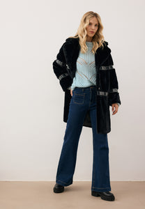 Black FLORENCE women’s faux fur coat with branded side stripes