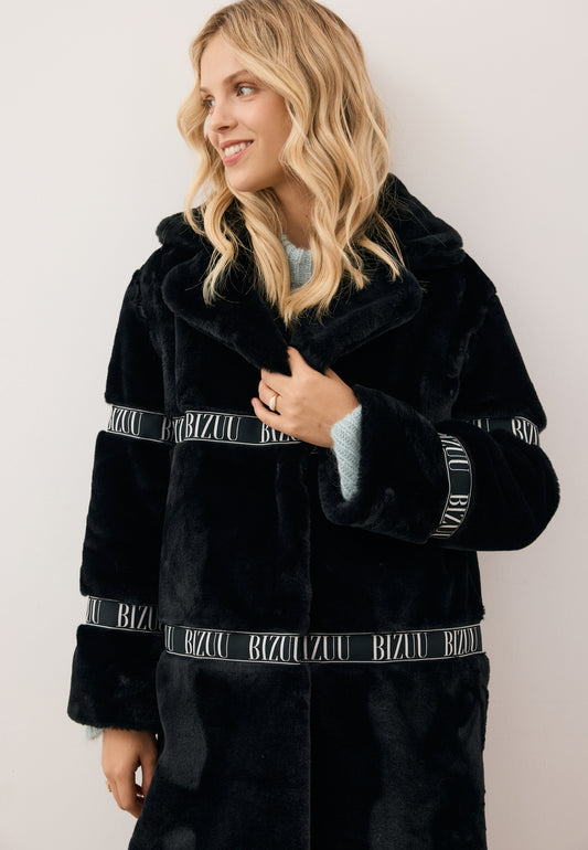 Black FLORENCE women’s faux fur coat with branded side stripes