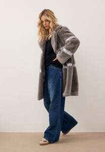 Women’s FLORENCE faux fur coat with branded side stripes in taupe