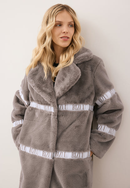 Women’s FLORENCE faux fur coat with branded side stripes in taupe