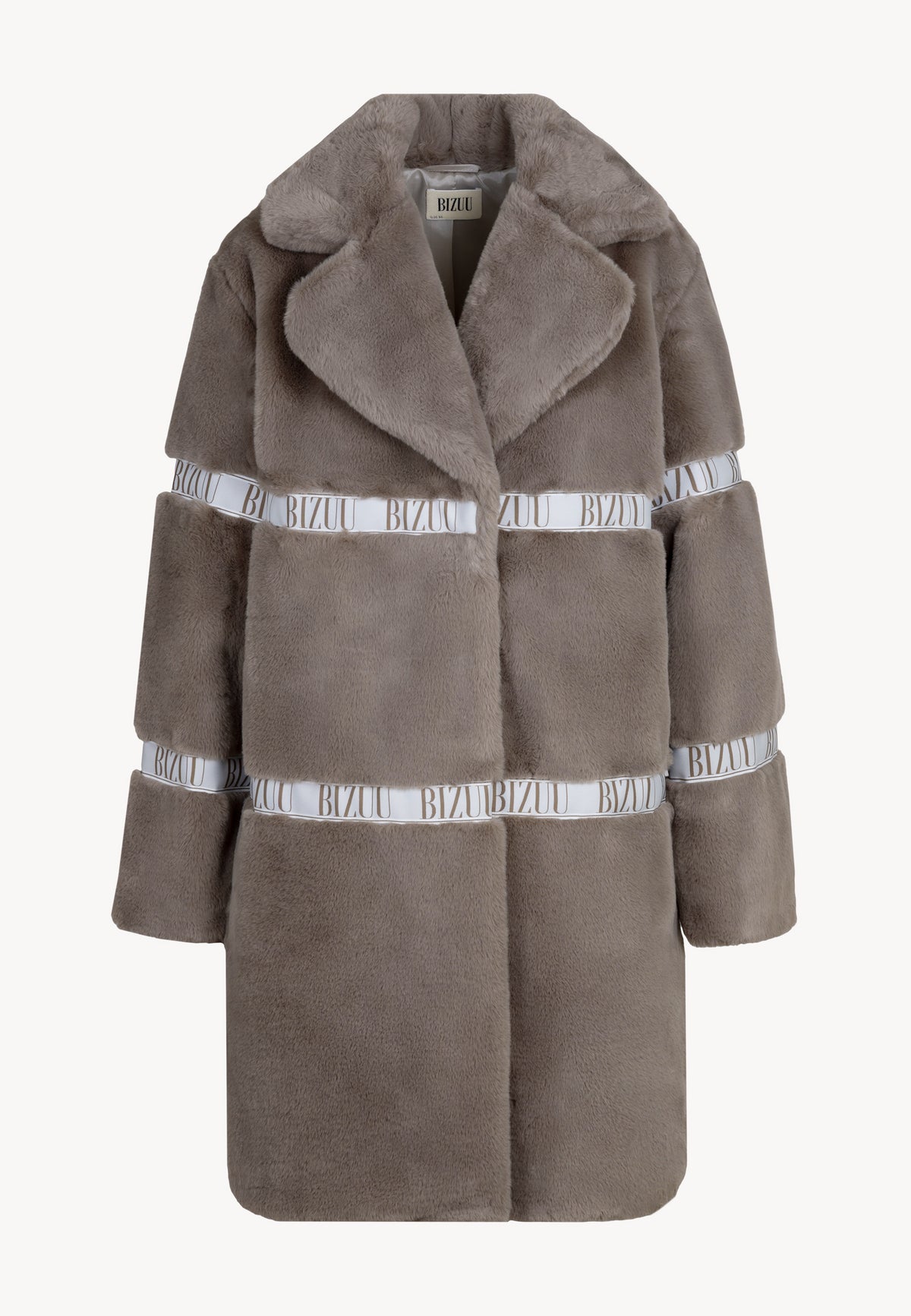 Taupe FLORENCE faux fur coat with branded tape.