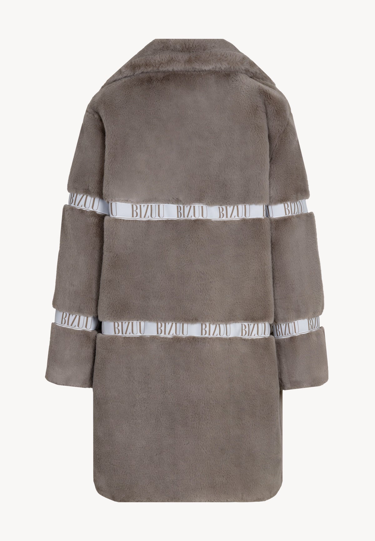 Back view of the taupe FLORENCE fur coat with branded tape.