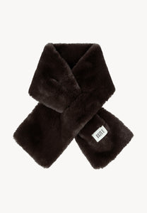 Brown FLUFFY scarf with a branded label.