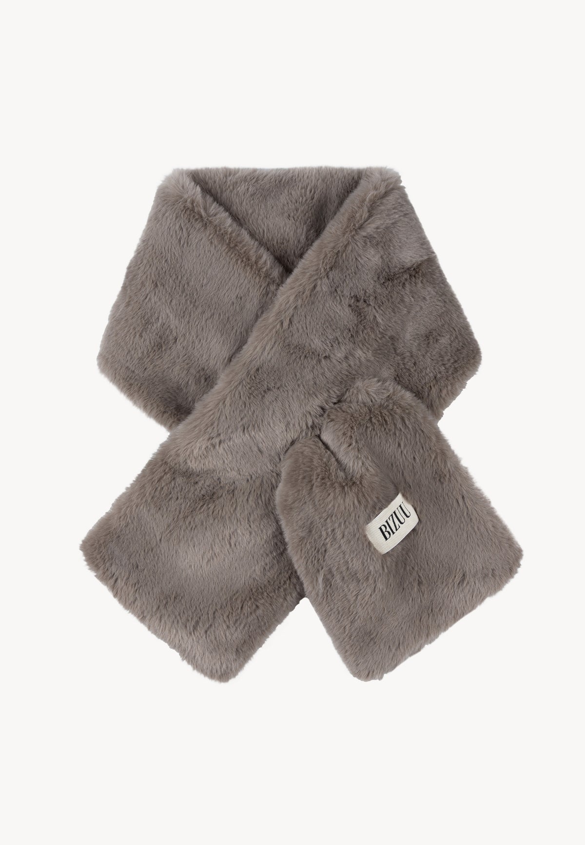 Faux fur FLUFFY scarf with a branded label in taupe.