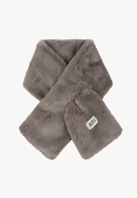 FLUFFY taupe scarf with a branded label.