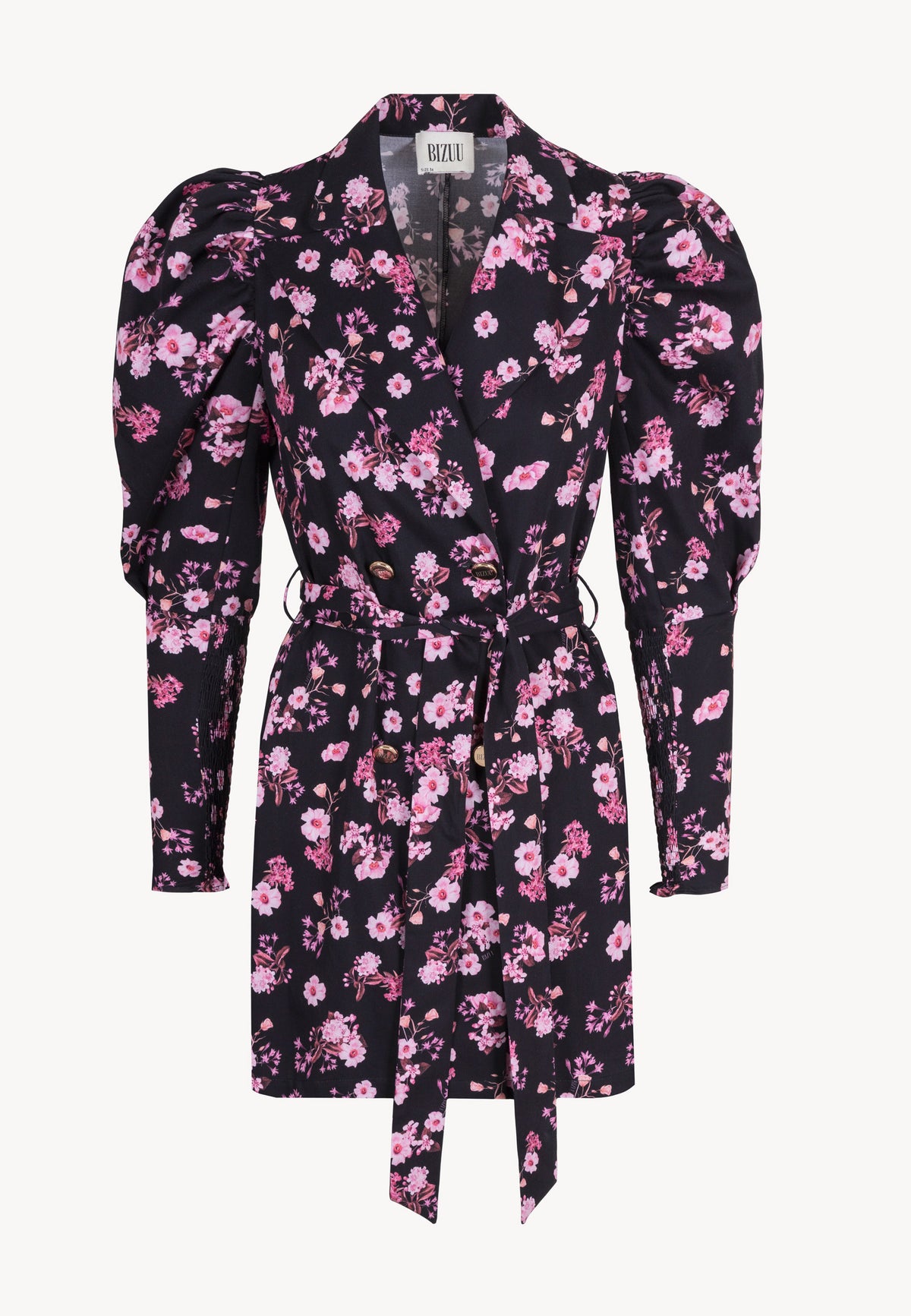 Front view of the GEORGINA floral dress with puff sleeves and waist tie.