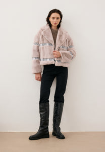 Beige GREGORIA short faux fur coat with branded side stripes
