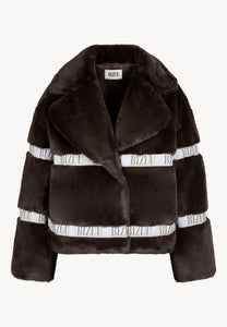 Brown GREGORIA short faux fur coat with branded side stripes