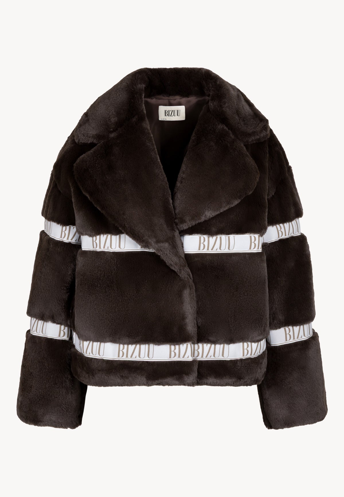 Short brown GREGORIA faux fur coat with logo detailing and notched collar.
