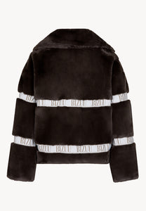 Brown GREGORIA short faux fur coat with branded side stripes
