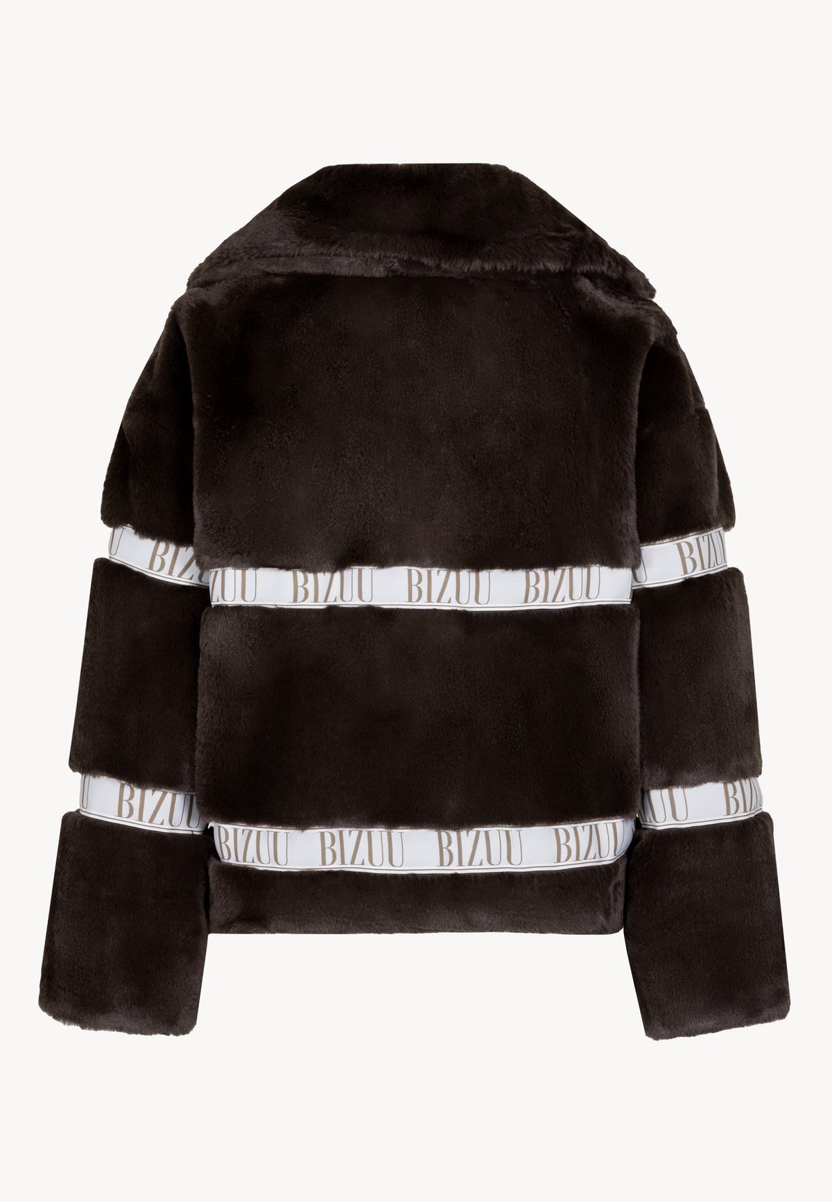 Back view of the brown GREGORIA faux fur coat with logo tape.