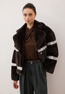 Brown GREGORIA short faux fur coat with branded side stripes