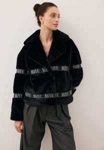 Black GREGORIA short faux fur coat with branded side stripes