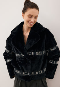 Black GREGORIA short faux fur coat with branded side stripes