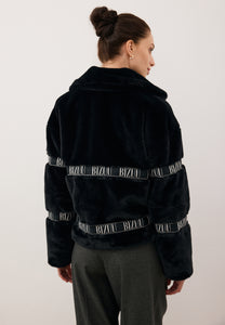 Black GREGORIA short faux fur coat with branded side stripes